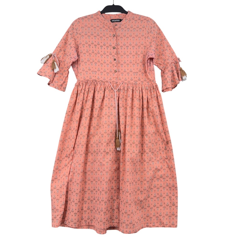 Sassafras Womens Peach Cotton Block Print Midi Dress Tassel Bell Sleeve Large